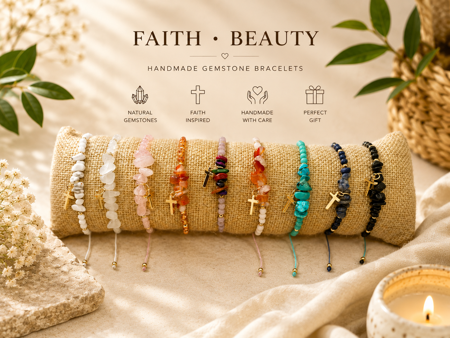 Adjustable Natural-stone 18karat gold plated cross bracelet with mixed beads