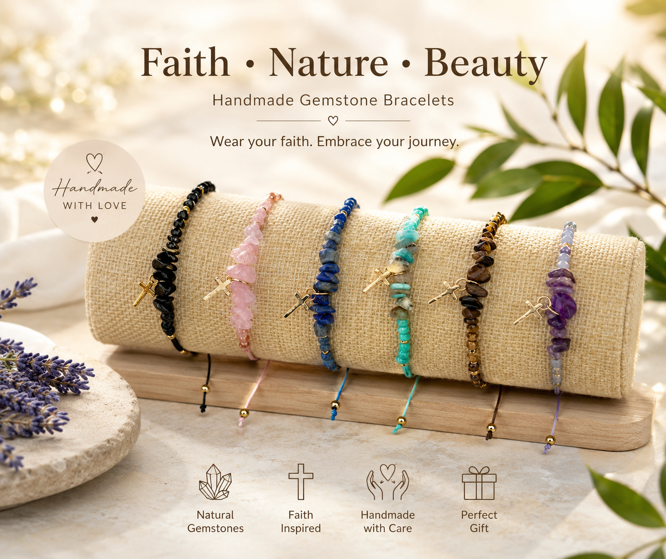 Adjustable naturals stone 18 karat gold plate cross bracelet