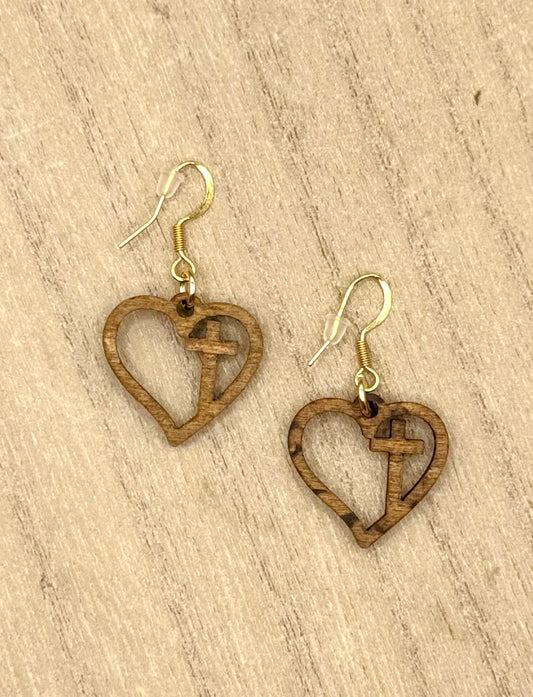 Wood Heart & Cross earrings